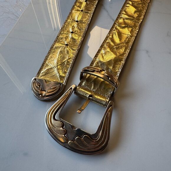 Vintage Emmanuel Genuine Reptile Metallic Gold Belt with Western Buckle - Picture 3 of 16